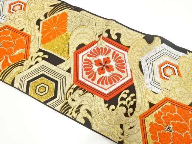 JAPANESE KIMONO / ANTIQUE FUKURO OBI / FLOWER / TORTOISESHELL PATTERNS